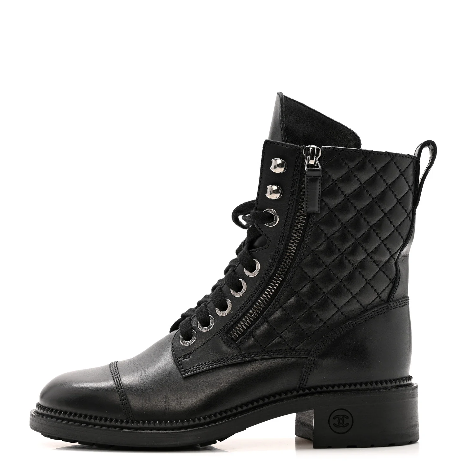 Calfskin Quilted Lace Up Combat Boots 36.5 Black