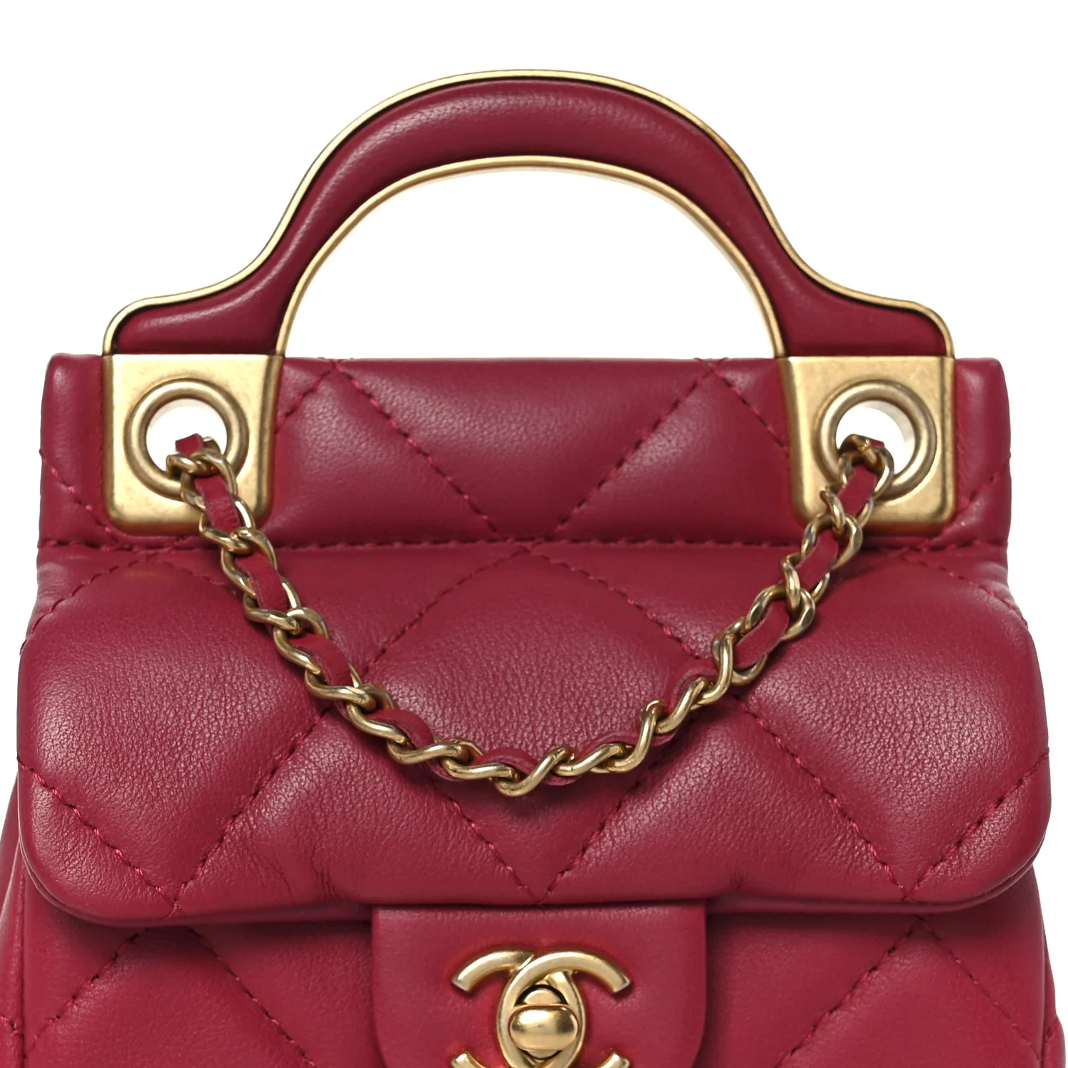 Calfskin Quilted Lady Handle Flap Card Holder With Chain Dark Pink - Image 10