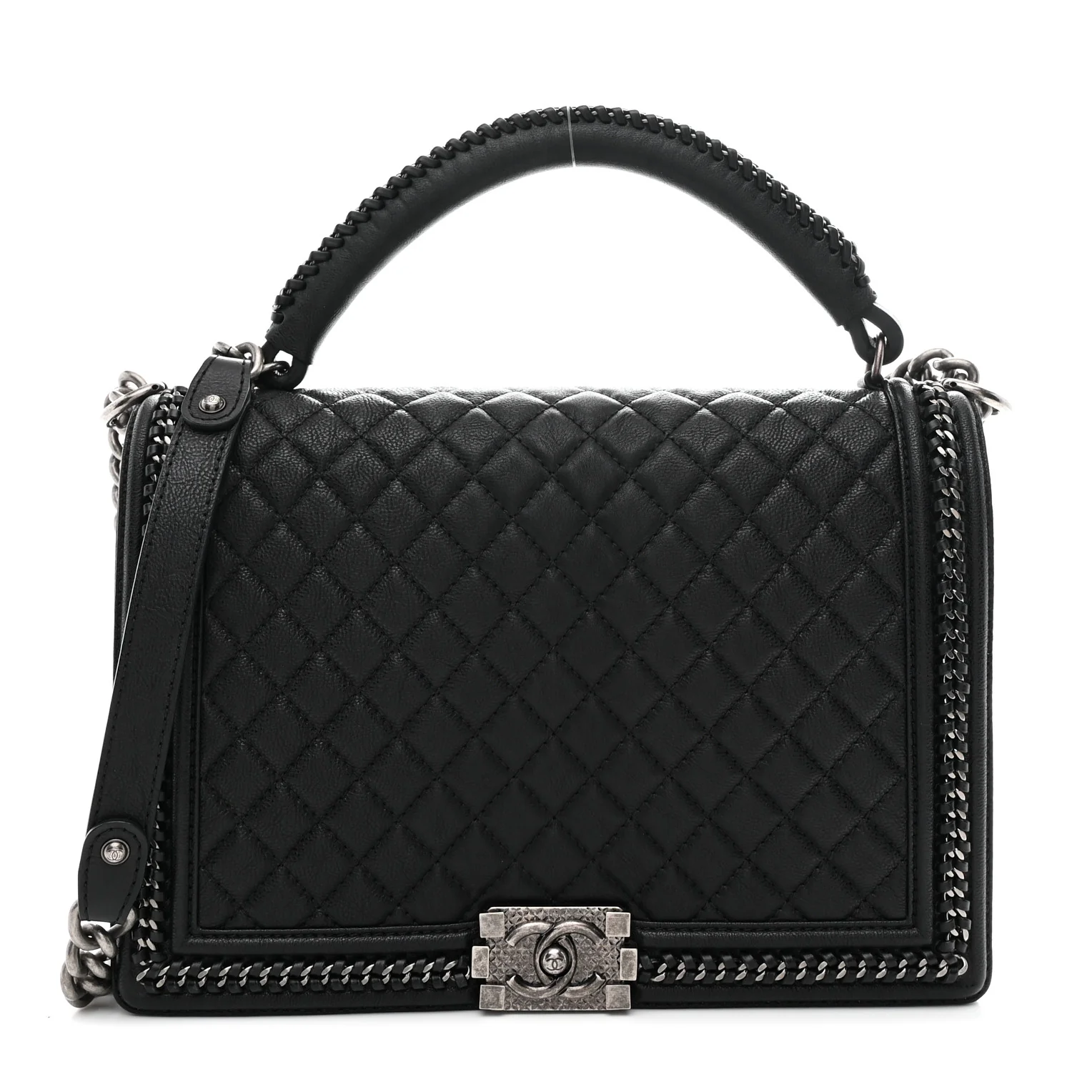 Calfskin Quilted Large Boy Top Handle Flap Black