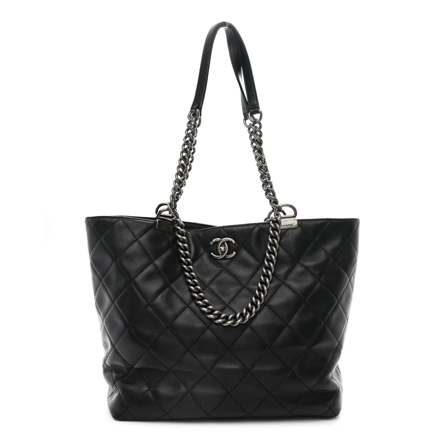 Calfskin Quilted Large Shopping In Chains Tote Black