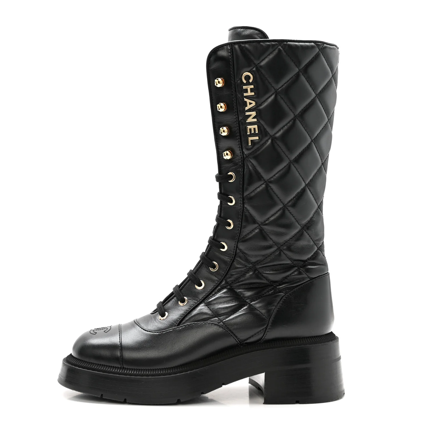 Calfskin Quilted Logo Lace Up Tall Combat Boots 37.5 Black