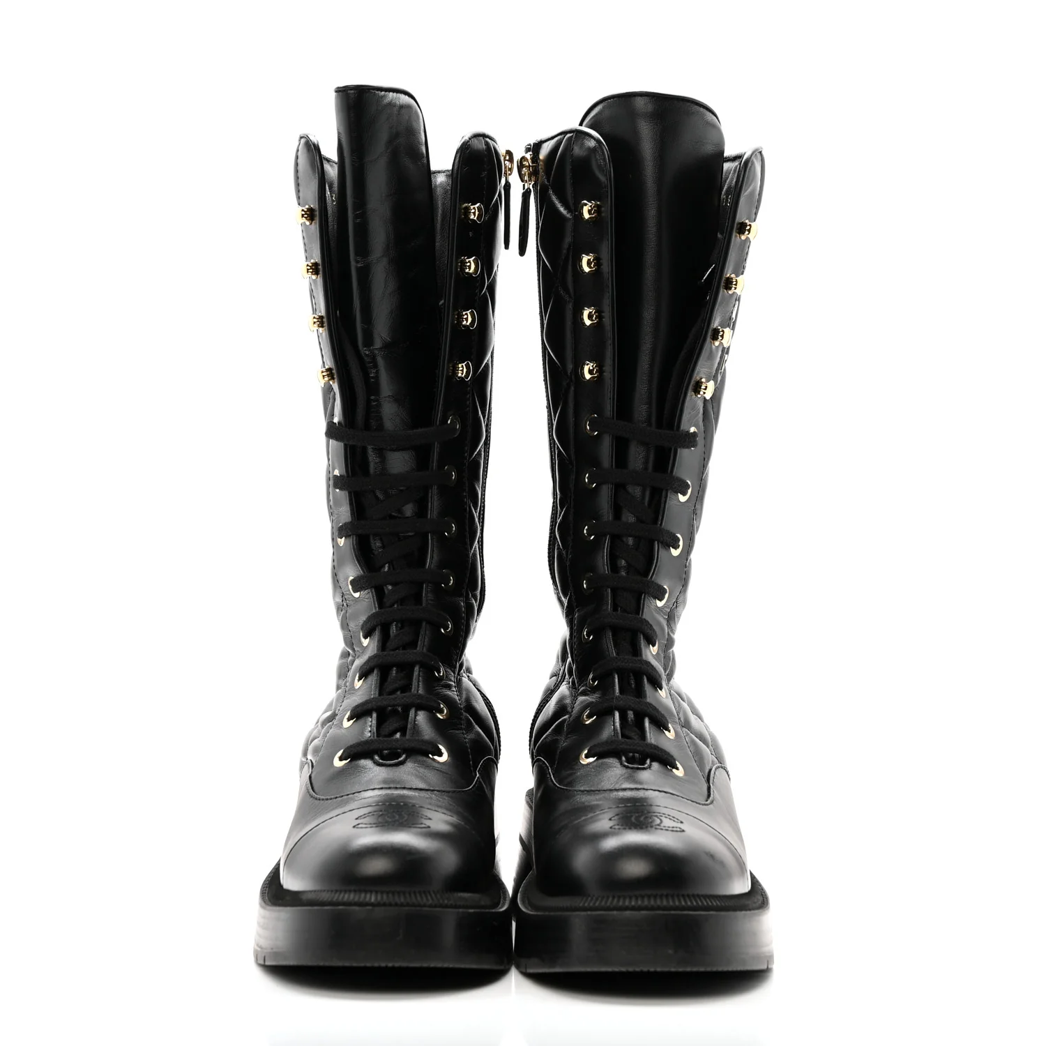Calfskin Quilted Logo Lace Up Tall Combat Boots 37.5 Black - Image 3