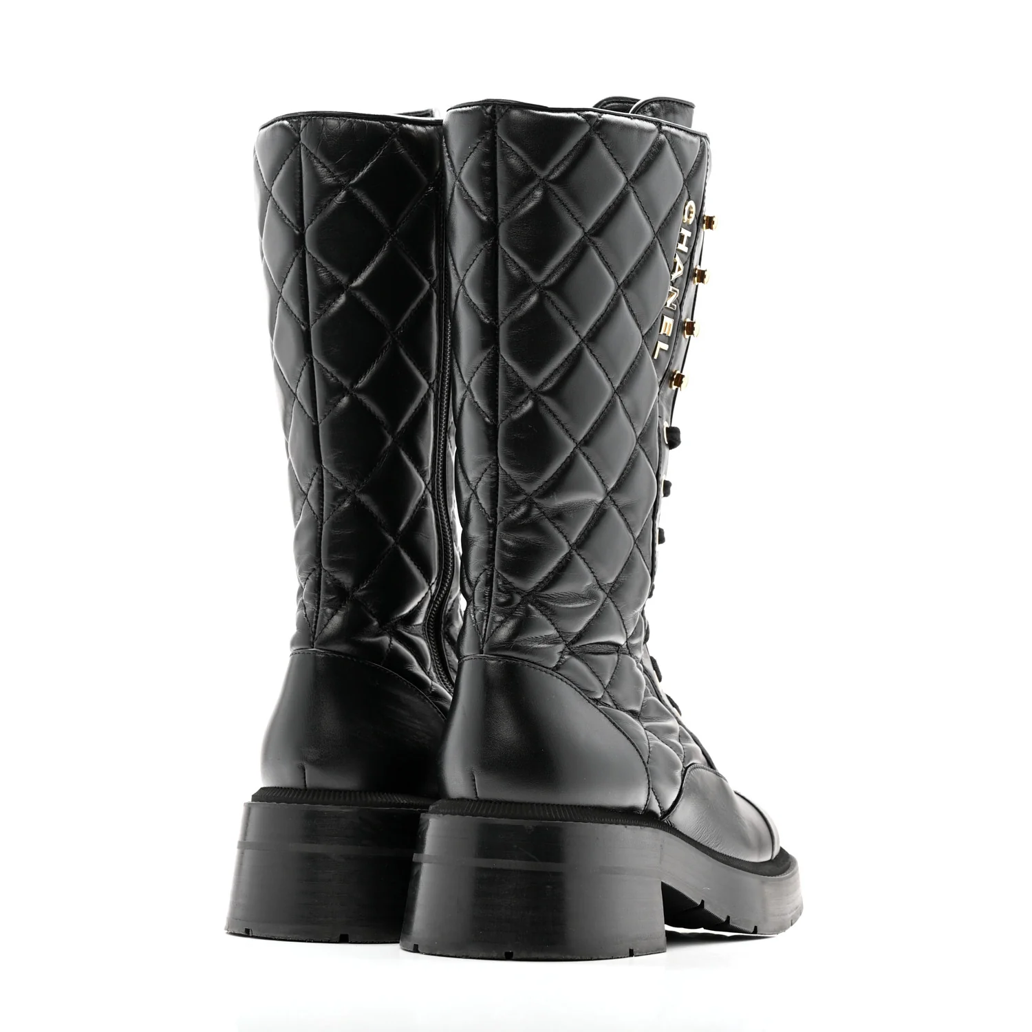 Calfskin Quilted Logo Lace Up Tall Combat Boots 37.5 Black - Image 5