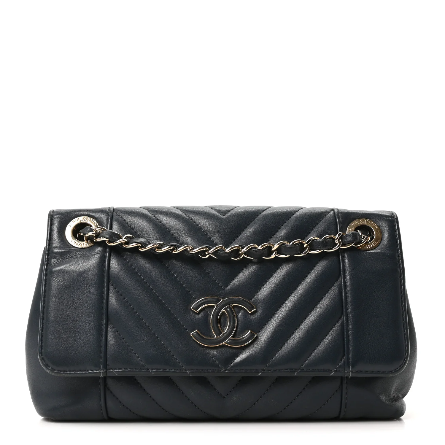 Calfskin Quilted Medium Daily Chevron Flap Navy Blue