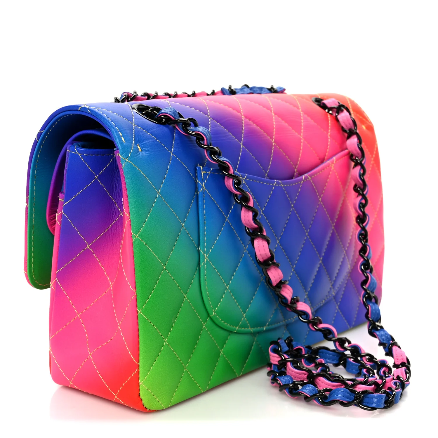 Calfskin Quilted Medium Rainbow Double Flap Multicolor - Image 3