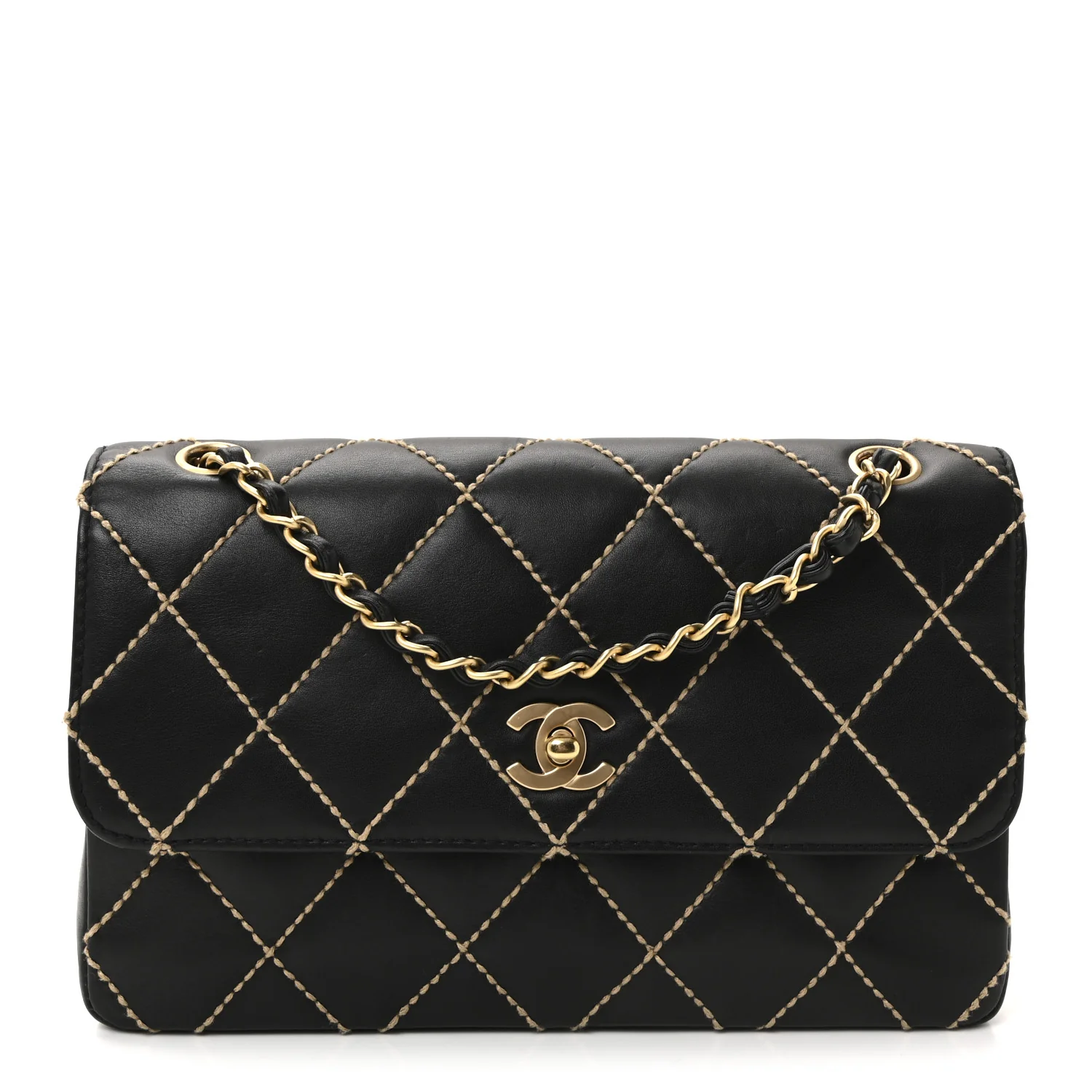 Calfskin Quilted Medium Wild Stitch Flap Black