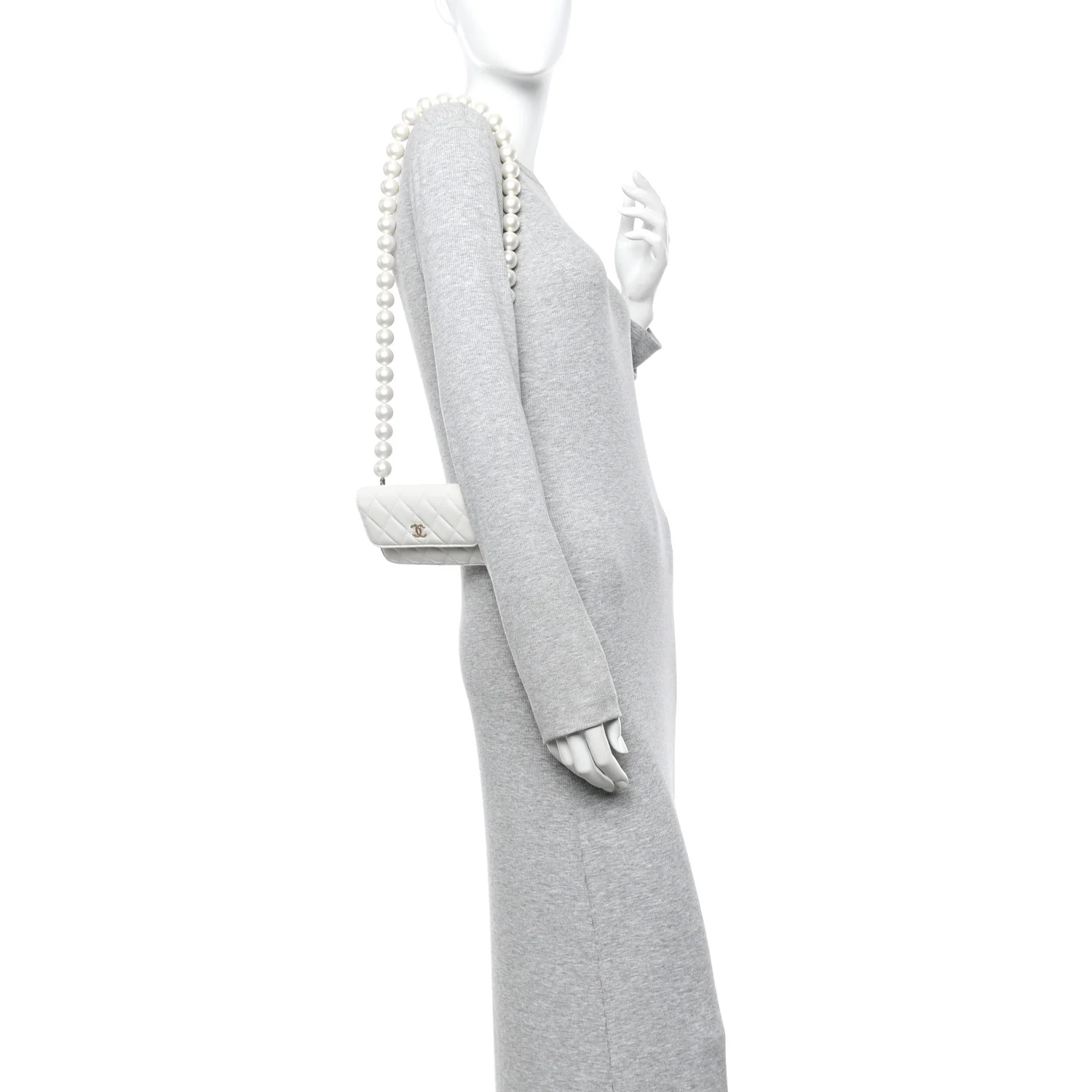 Calfskin Quilted Mini Maxi Pearls Wallet On Chain WOC White - Image 2