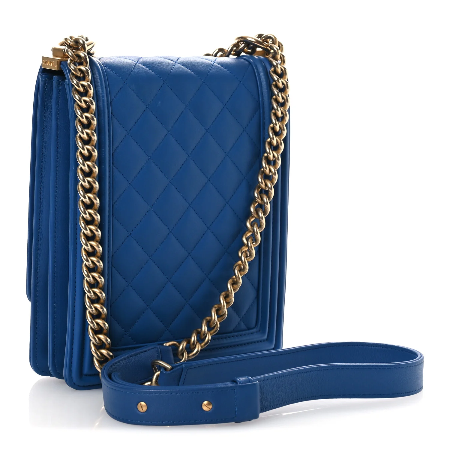 Calfskin Quilted North South Boy Flap Blue - Image 3