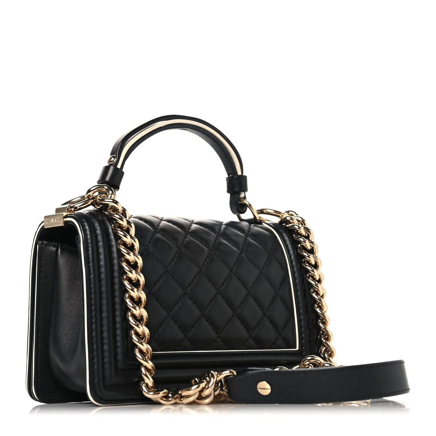 Calfskin Quilted Small Boy Top Handle Flap Black - Image 3
