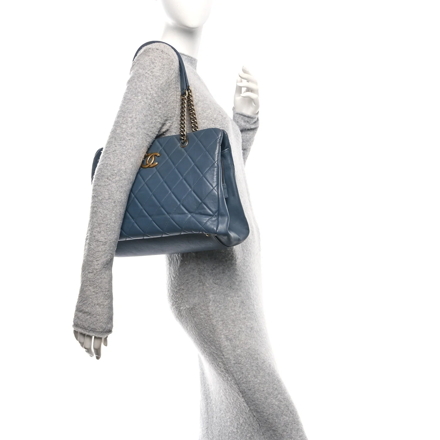 Calfskin Quilted Small CC Crown Tote Blue - Image 2