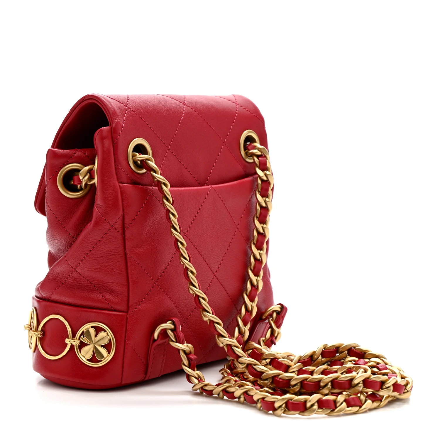 Calfskin Quilted Small Charms Backpack Red - Image 3