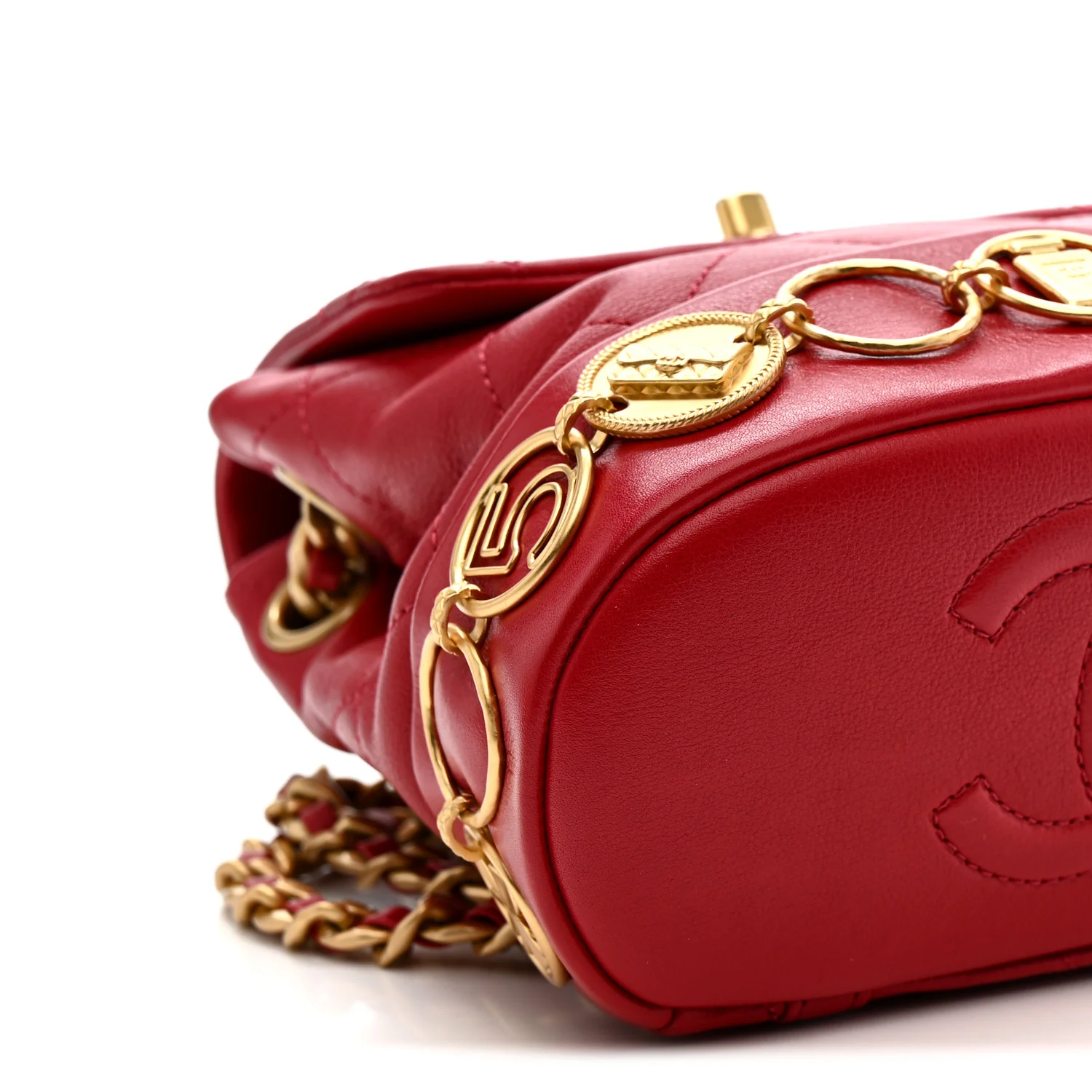 Calfskin Quilted Small Charms Backpack Red - Image 9