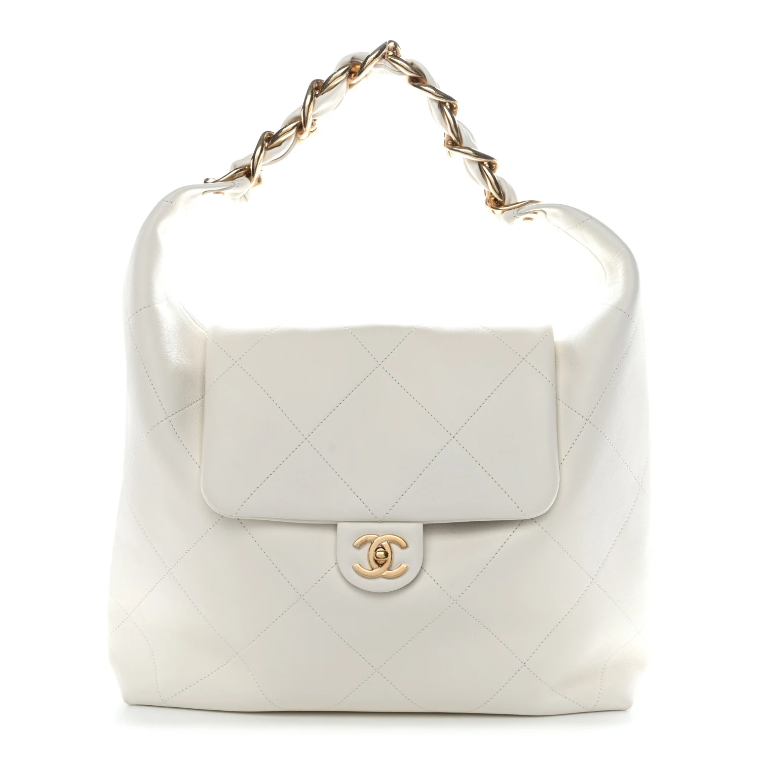 Calfskin Quilted Small Maxi Chain Hobo White
