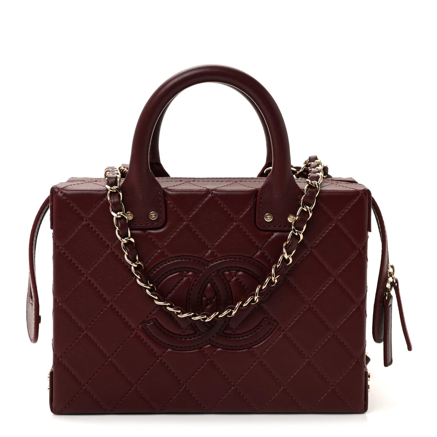 Calfskin Quilted Studded Square Vanity Case Burgundy