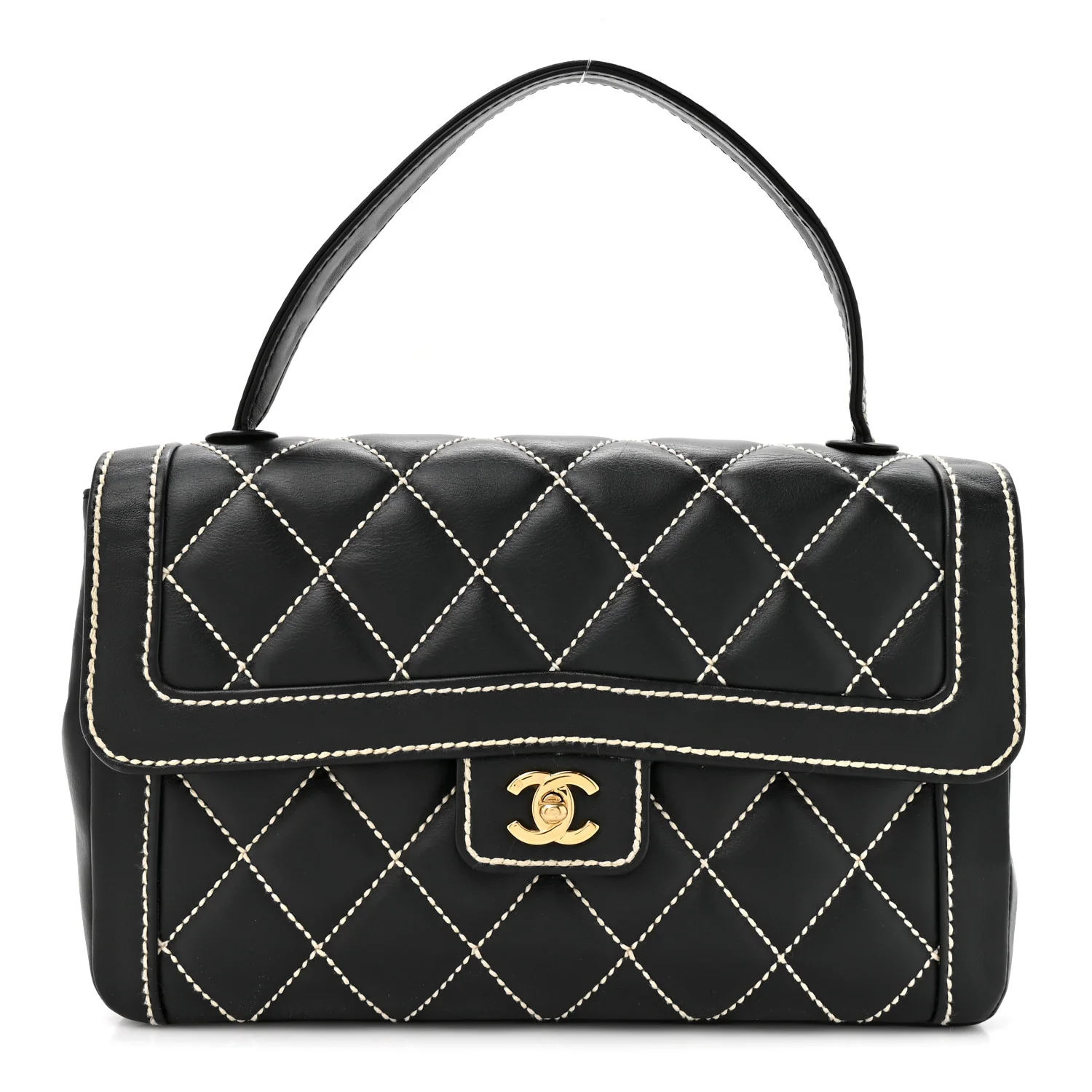 Calfskin Quilted Wild Stitch Large Top Handle Flap Black