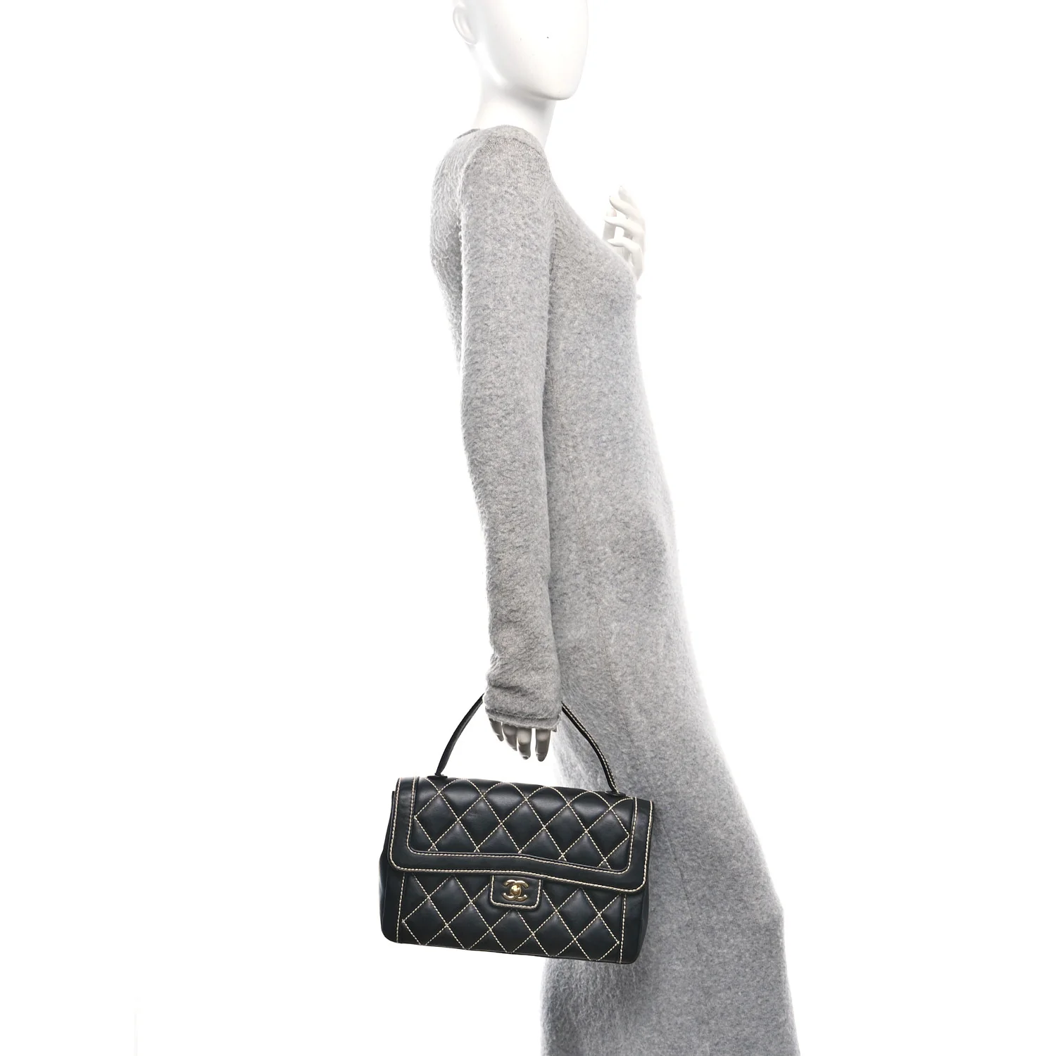 Calfskin Quilted Wild Stitch Large Top Handle Flap Black - Image 2