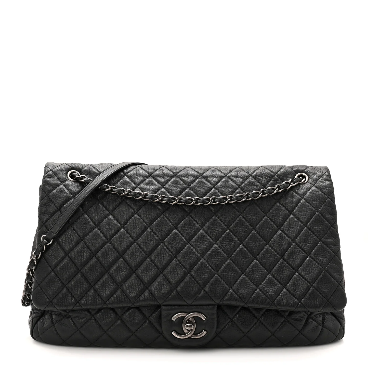 Calfskin Quilted XXL Travel Flap Bag Black