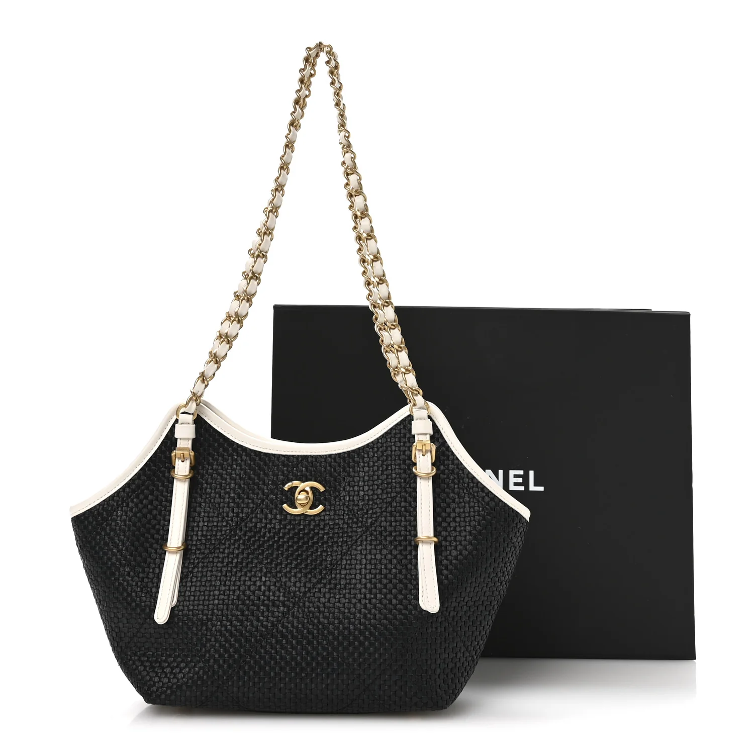 Calfskin Raffia Braided Small Shopping Tote Black White - Image 20
