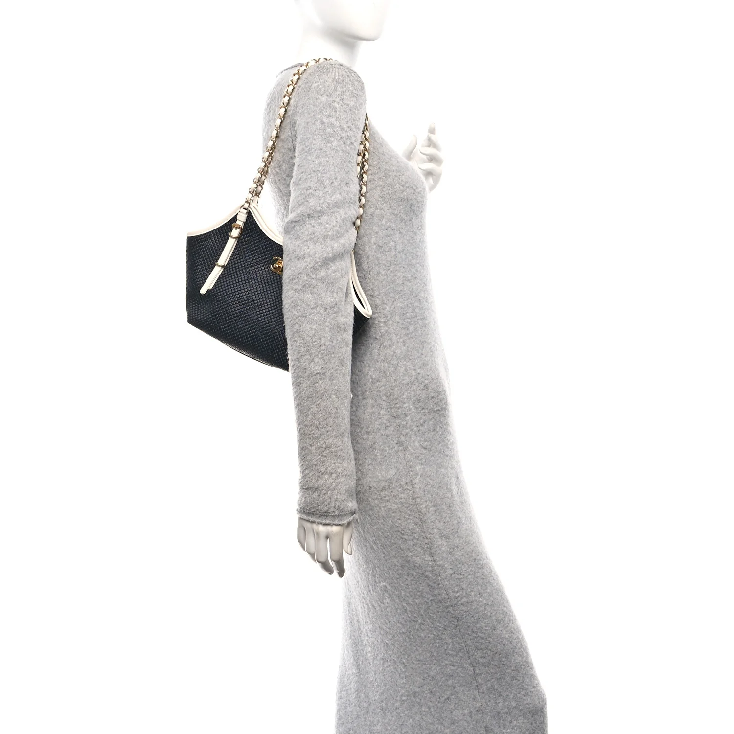 Calfskin Raffia Braided Small Shopping Tote Black White - Image 3
