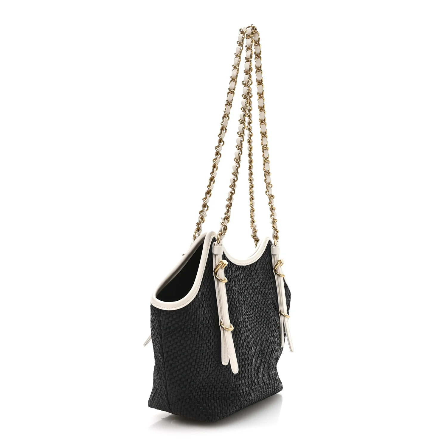 Calfskin Raffia Braided Small Shopping Tote Black White - Image 5