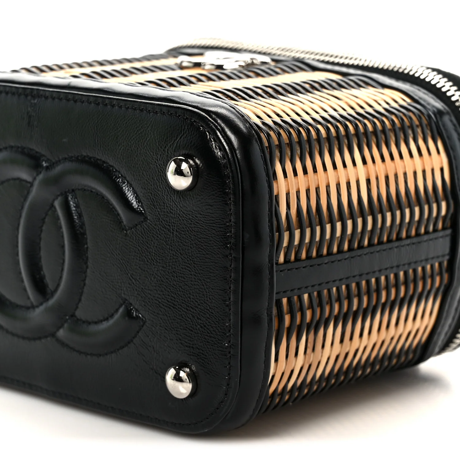 Calfskin Raffia Small Vanity Case Bag Black Beige - Image 10
