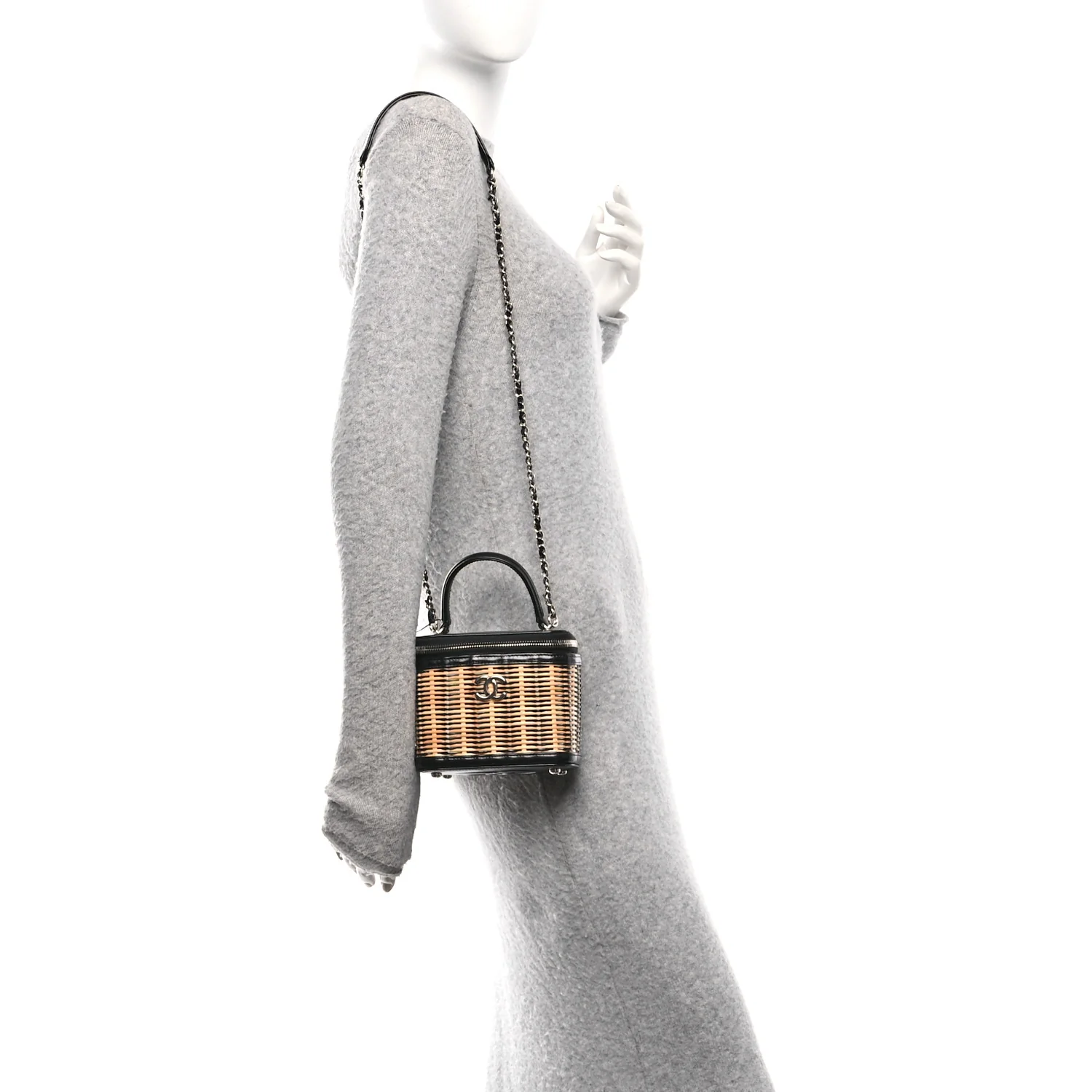 Calfskin Raffia Small Vanity Case Bag Black Beige - Image 2