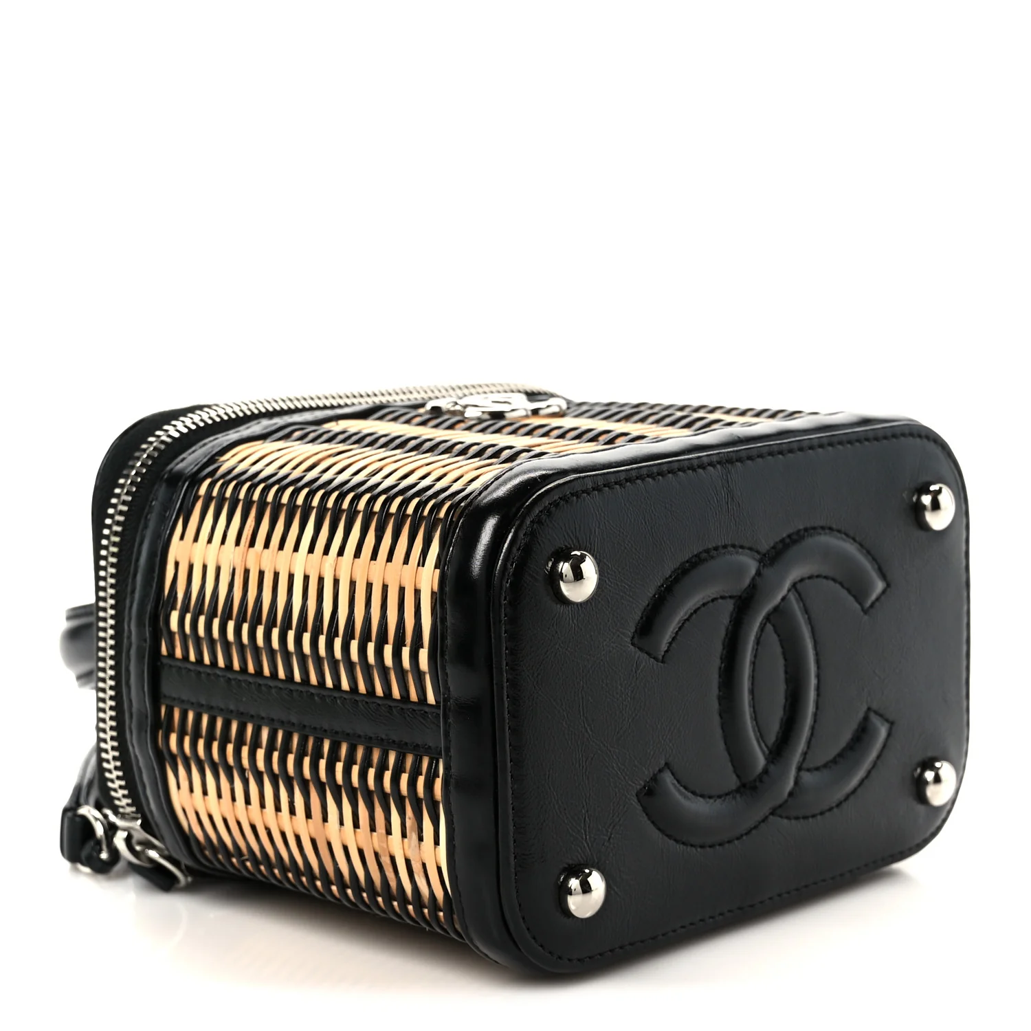 Calfskin Raffia Small Vanity Case Bag Black Beige - Image 4
