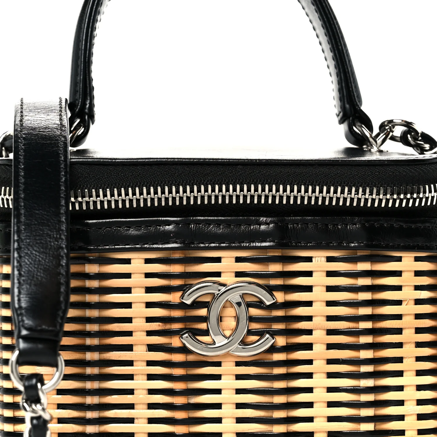 Calfskin Raffia Small Vanity Case Bag Black Beige - Image 8