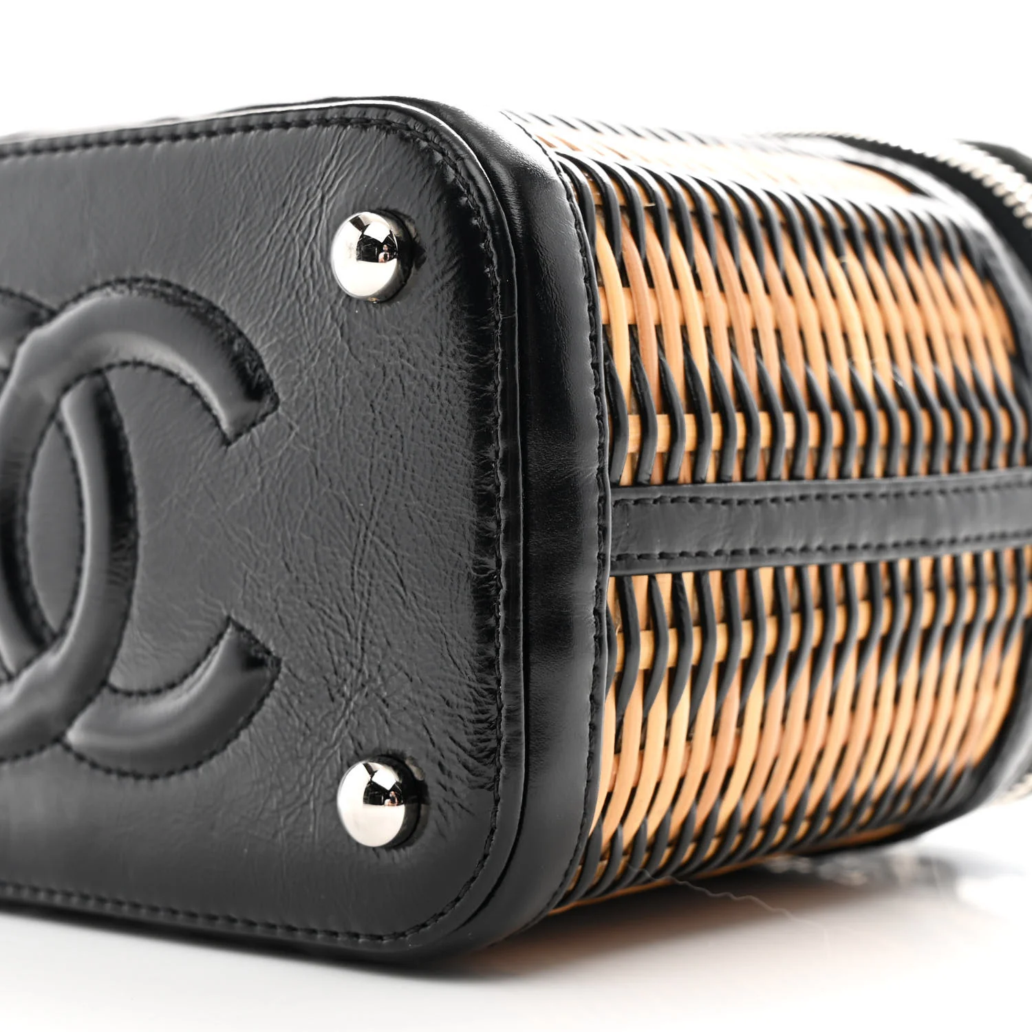 Calfskin Raffia Small Vanity Case Bag Black Beige - Image 10