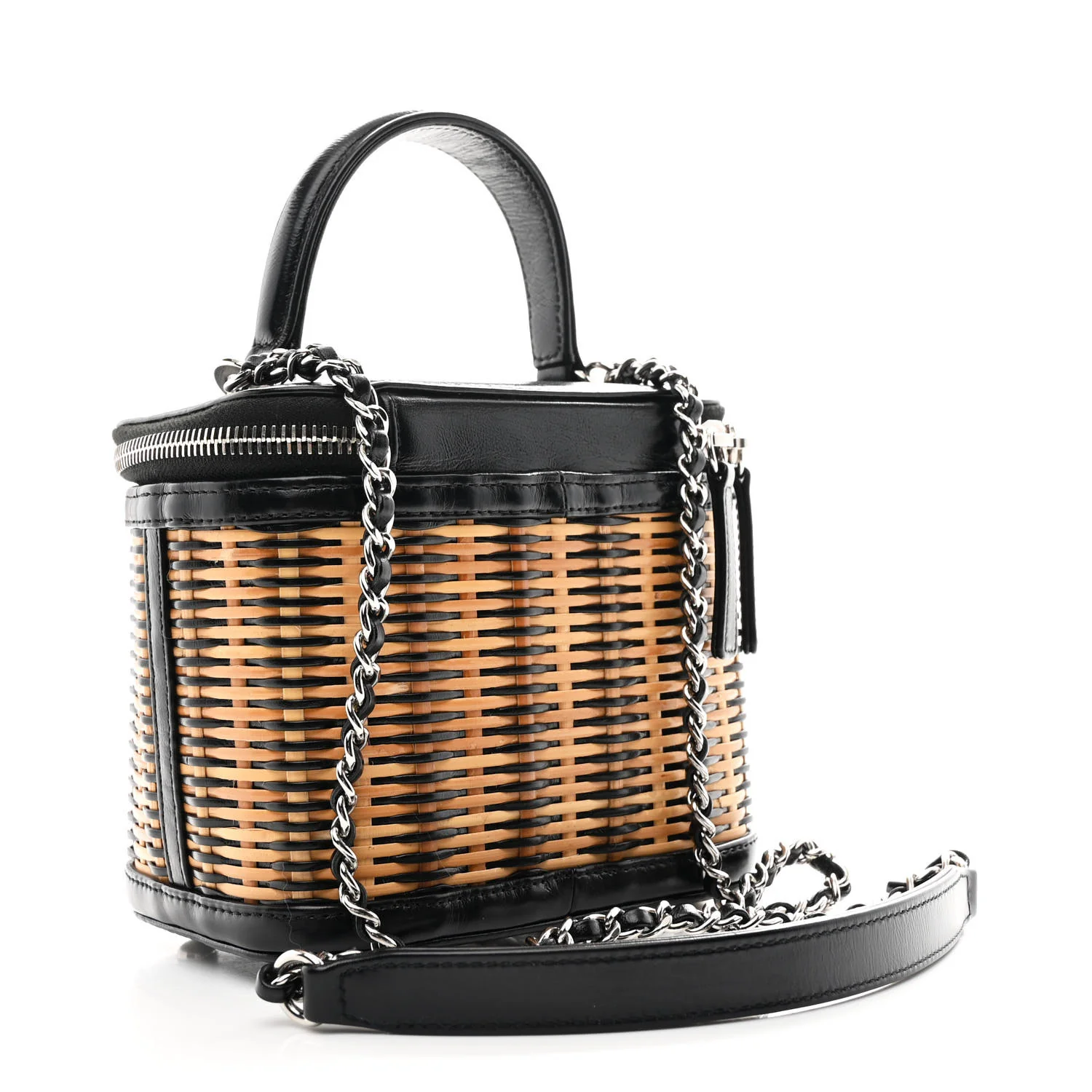 Calfskin Raffia Small Vanity Case Bag Black Beige - Image 3