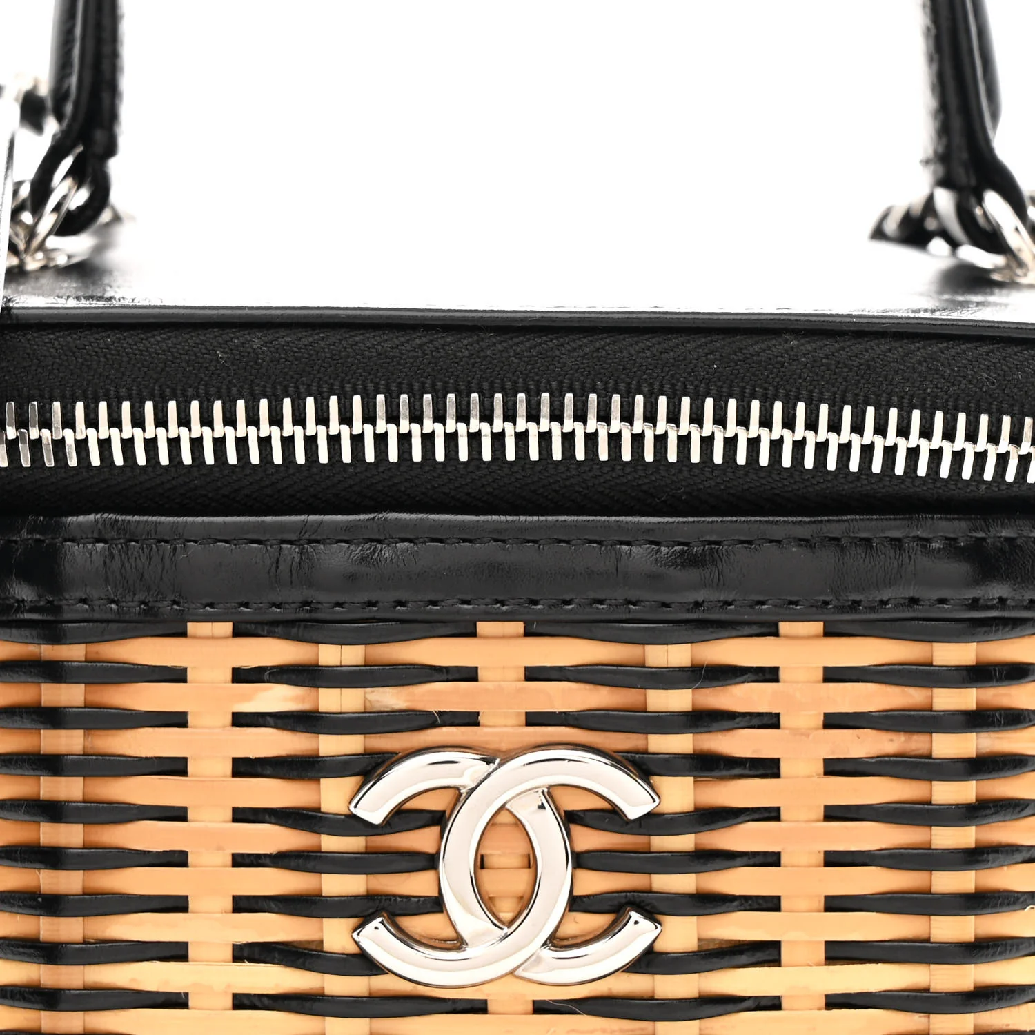 Calfskin Raffia Small Vanity Case Bag Black Beige - Image 8