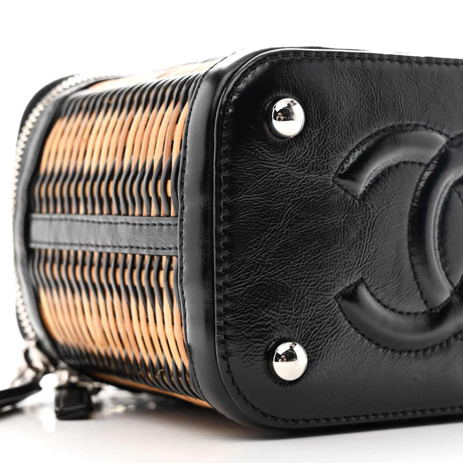 Calfskin Raffia Small Vanity Case Bag Black Beige - Image 9