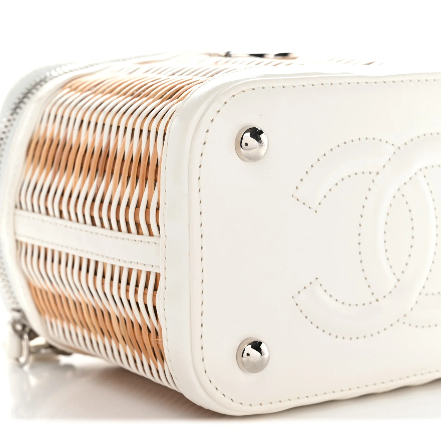Calfskin Raffia Small Vanity Case Bag White Beige - Image 16