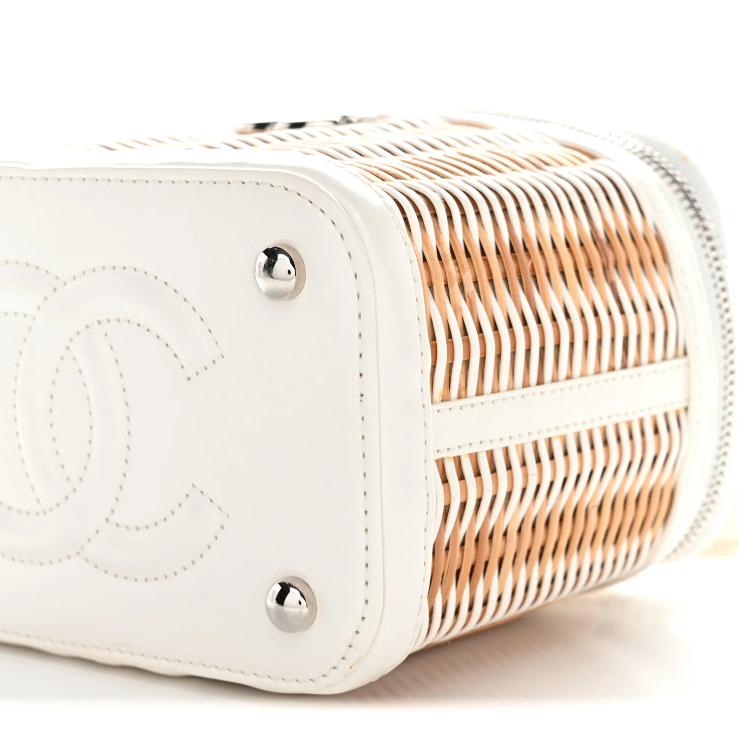 Calfskin Raffia Small Vanity Case Bag White Beige - Image 18