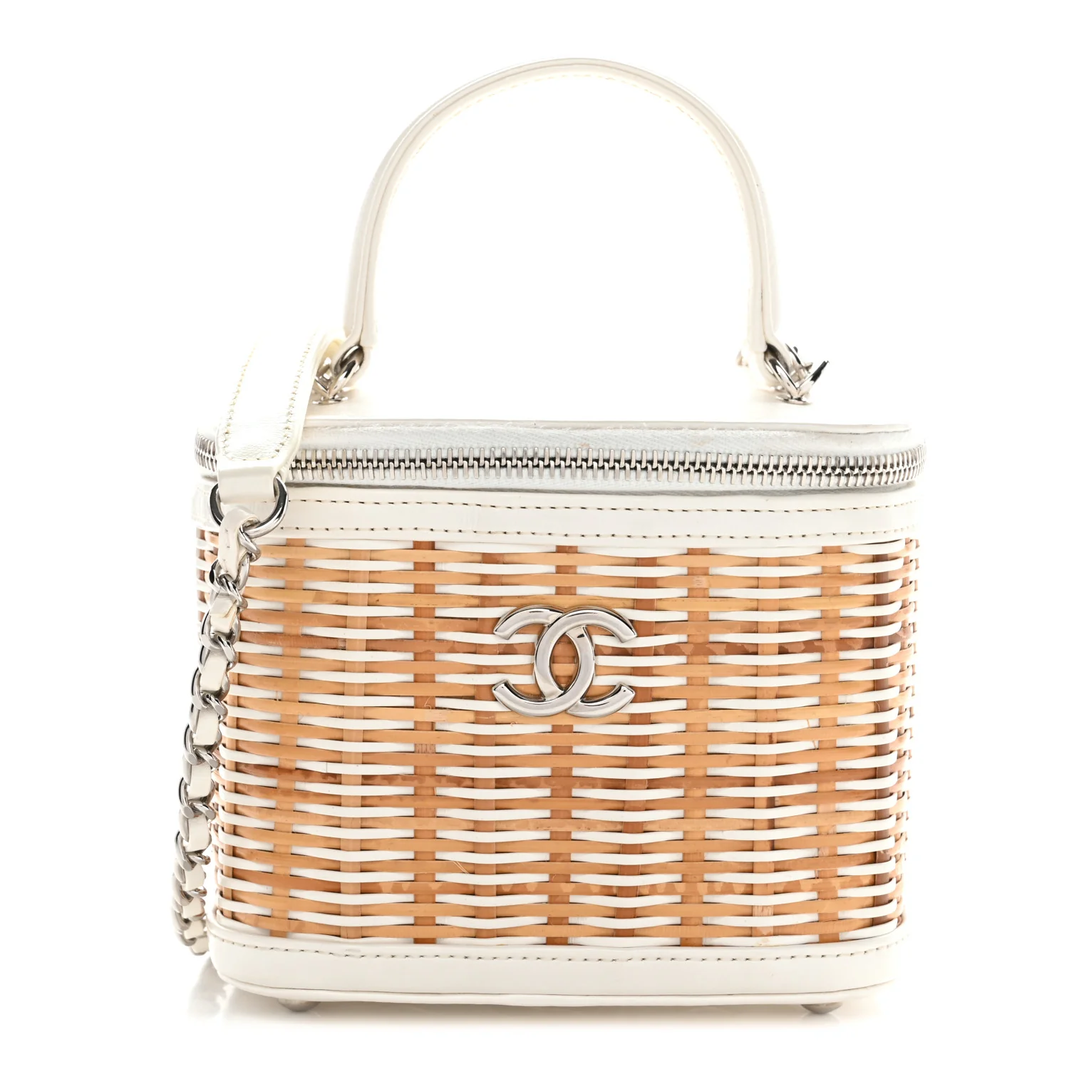 Calfskin Raffia Small Vanity Case Bag White Beige - Image 2