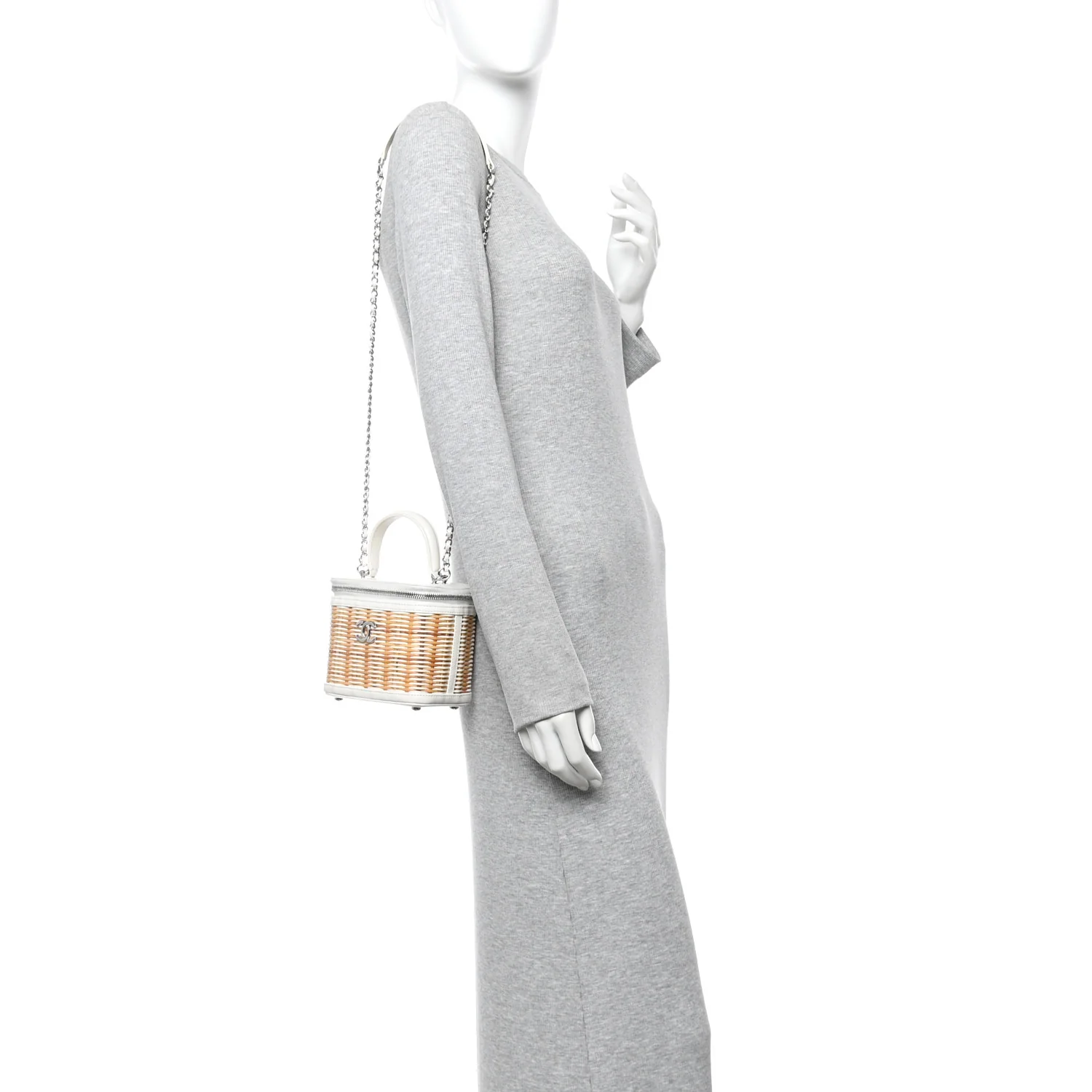 Calfskin Raffia Small Vanity Case Bag White Beige - Image 3