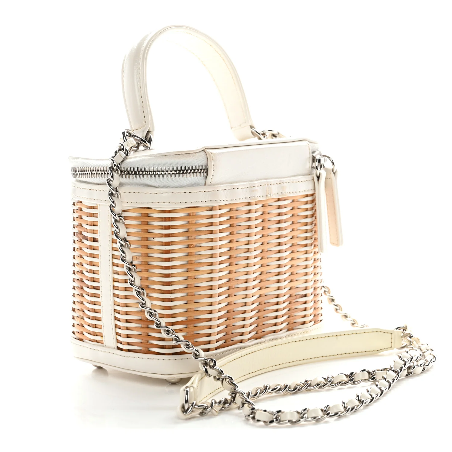 Calfskin Raffia Small Vanity Case Bag White Beige - Image 4