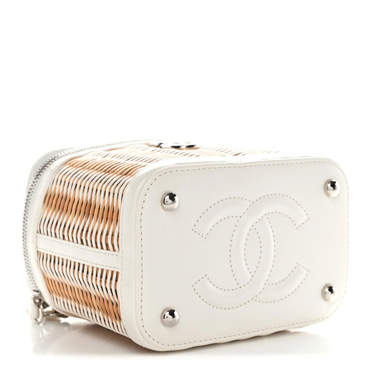 Calfskin Raffia Small Vanity Case Bag White Beige - Image 7