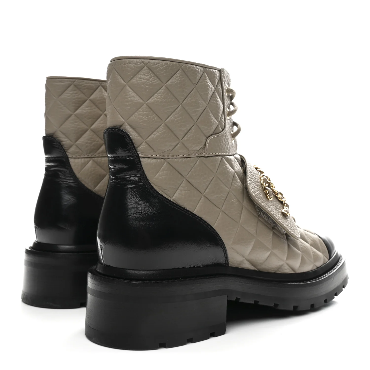 Calfskin Shiny Calfskin Quilted Lace Up Combat Boots 38 Dark Beige Black - Image 5