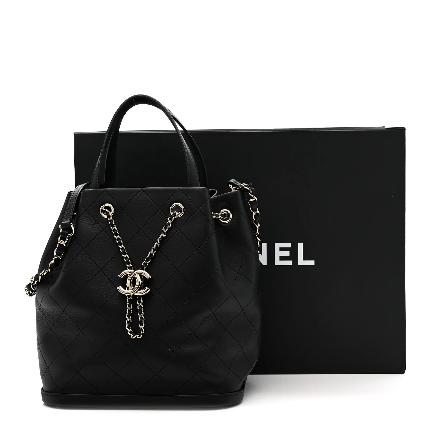 Calfskin Stitched Chain Top Handle Bucket Bag Black - Image 11