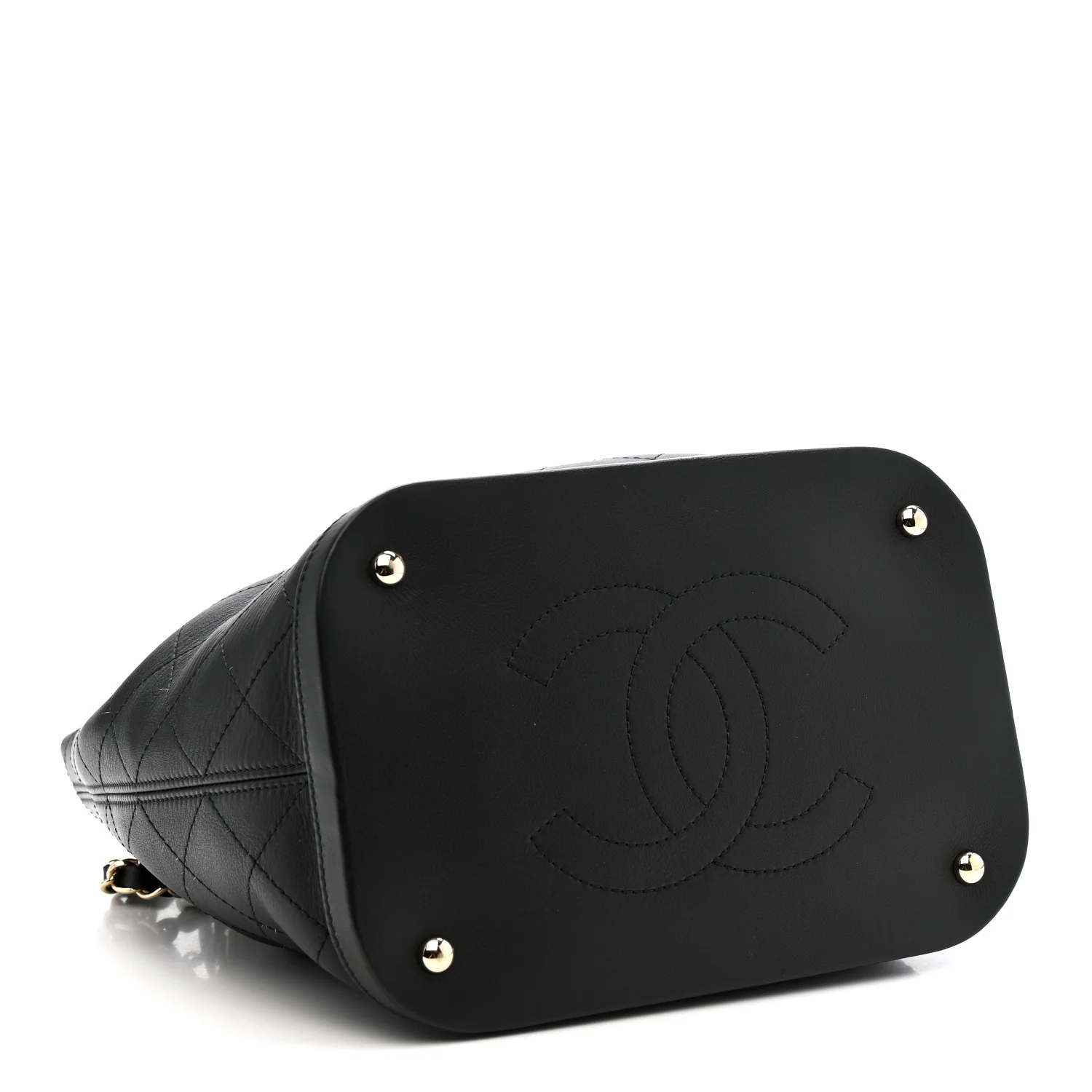 Calfskin Stitched Chain Top Handle Bucket Bag Black - Image 4
