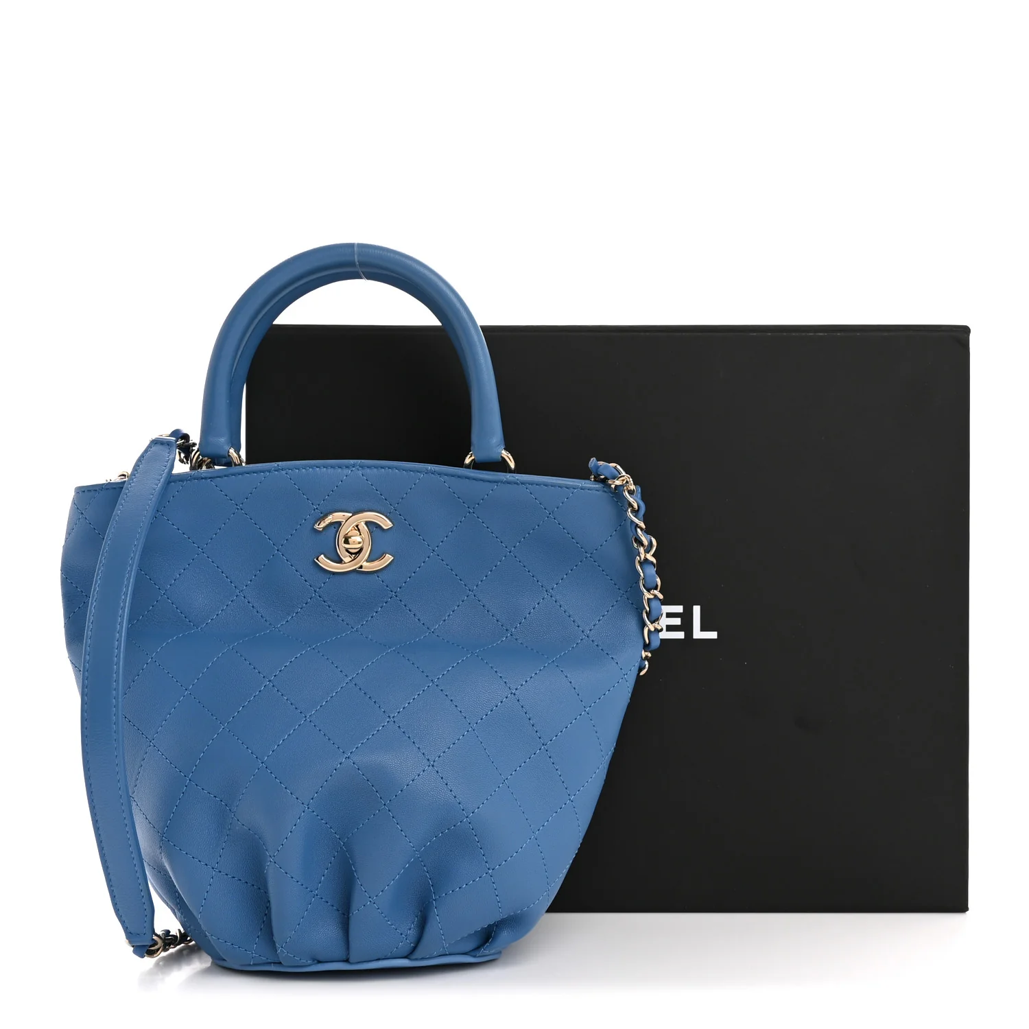 Calfskin Stitched Chain Top Handle Bucket Bag Blue - Image 12
