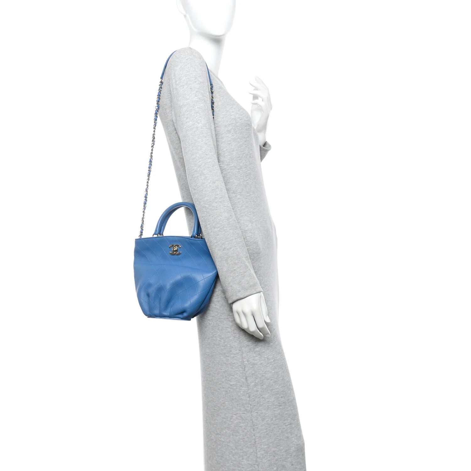 Calfskin Stitched Chain Top Handle Bucket Bag Blue - Image 2