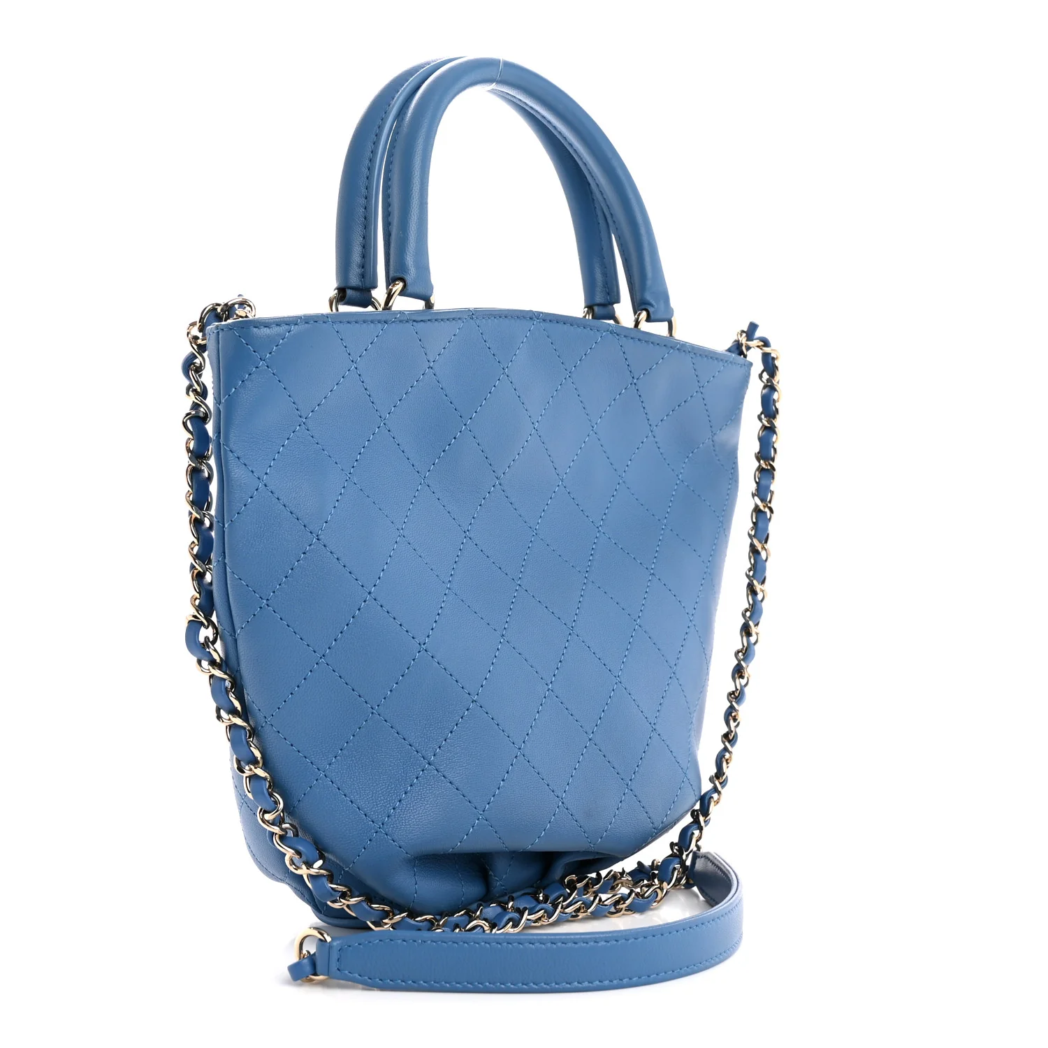 Calfskin Stitched Chain Top Handle Bucket Bag Blue - Image 3