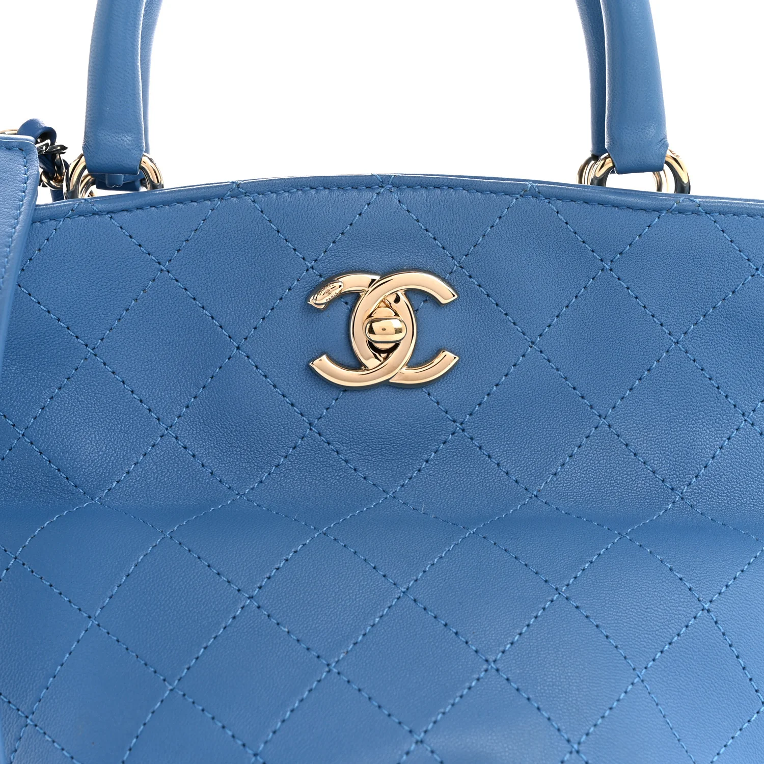 Calfskin Stitched Chain Top Handle Bucket Bag Blue - Image 8
