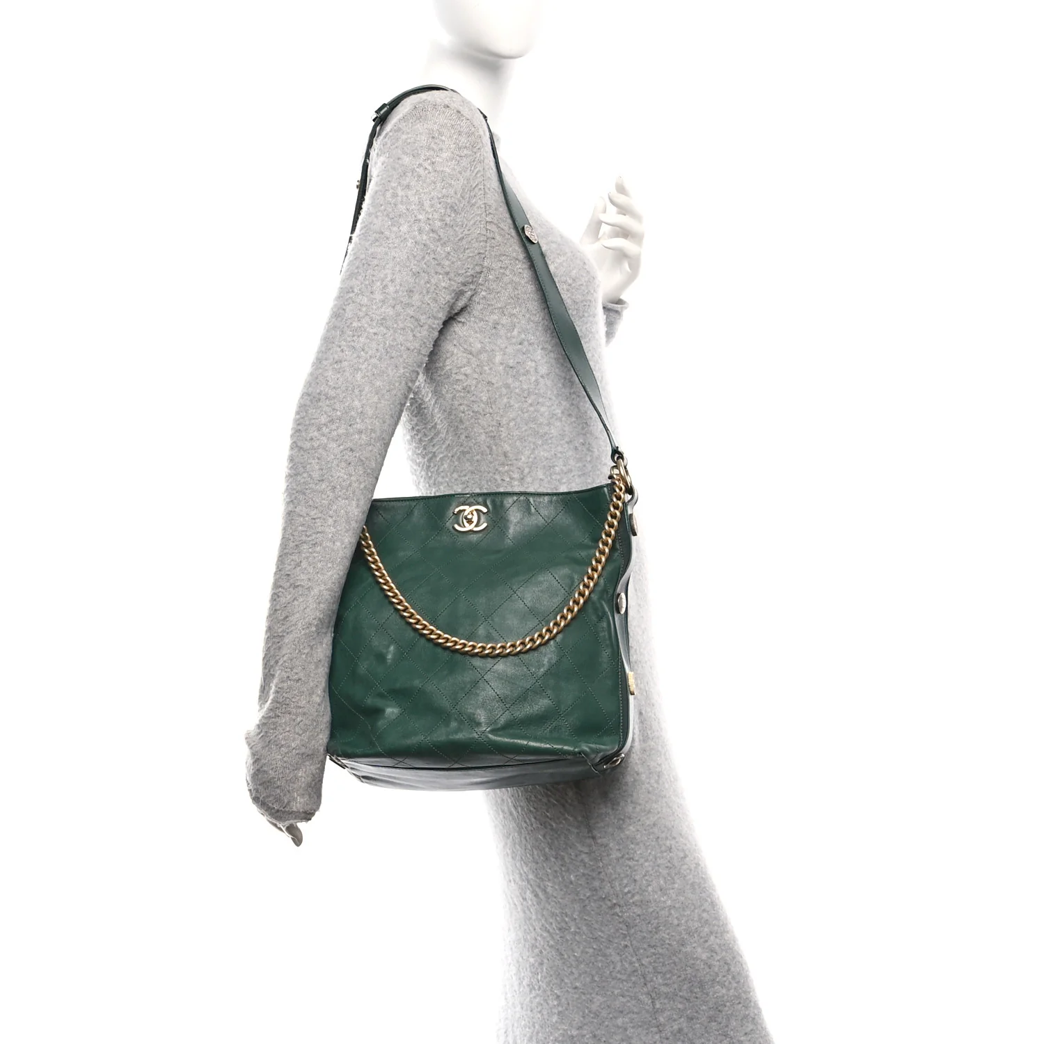 Calfskin Stitched Large Button Up Hobo Dark Green - Image 2