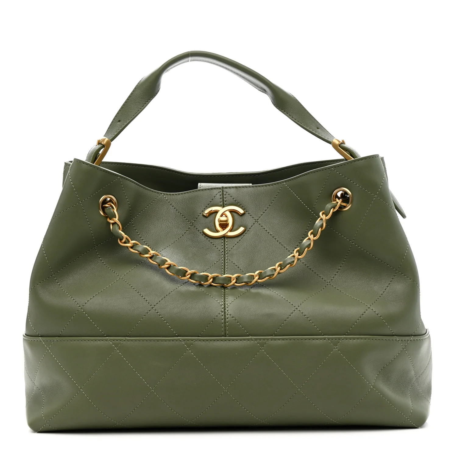 Calfskin Stitched Shopping Bag Khaki