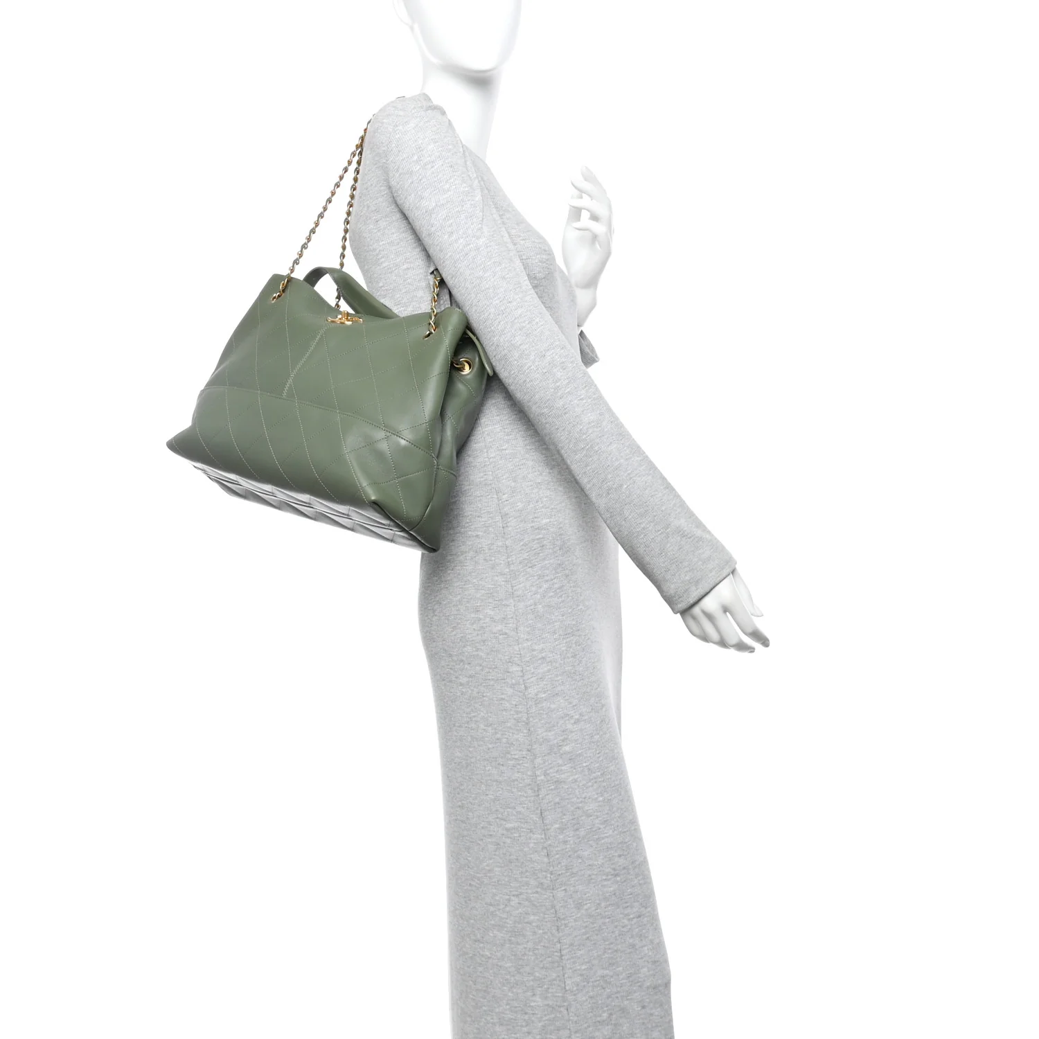 Calfskin Stitched Shopping Bag Khaki - Image 2