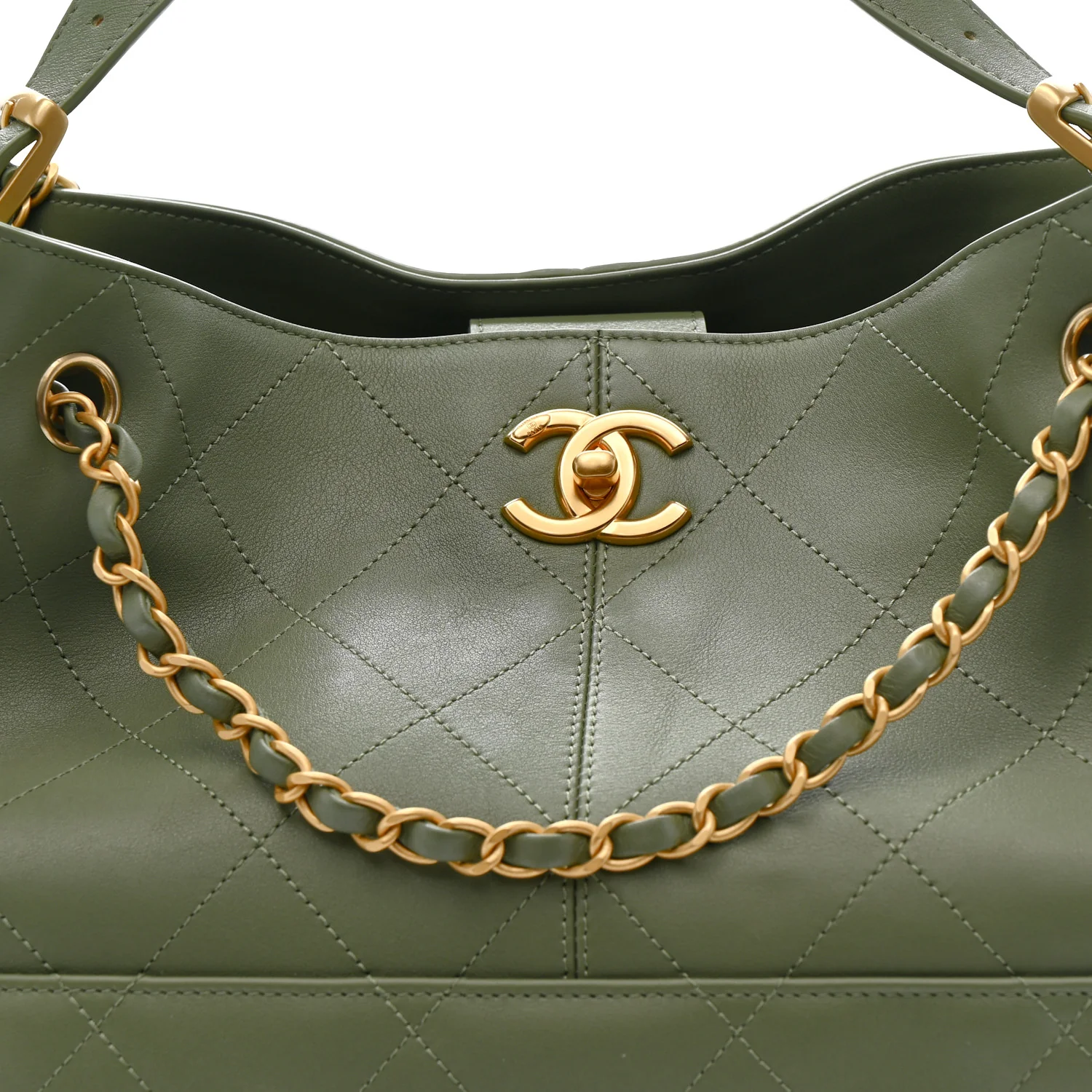 Calfskin Stitched Shopping Bag Khaki - Image 8
