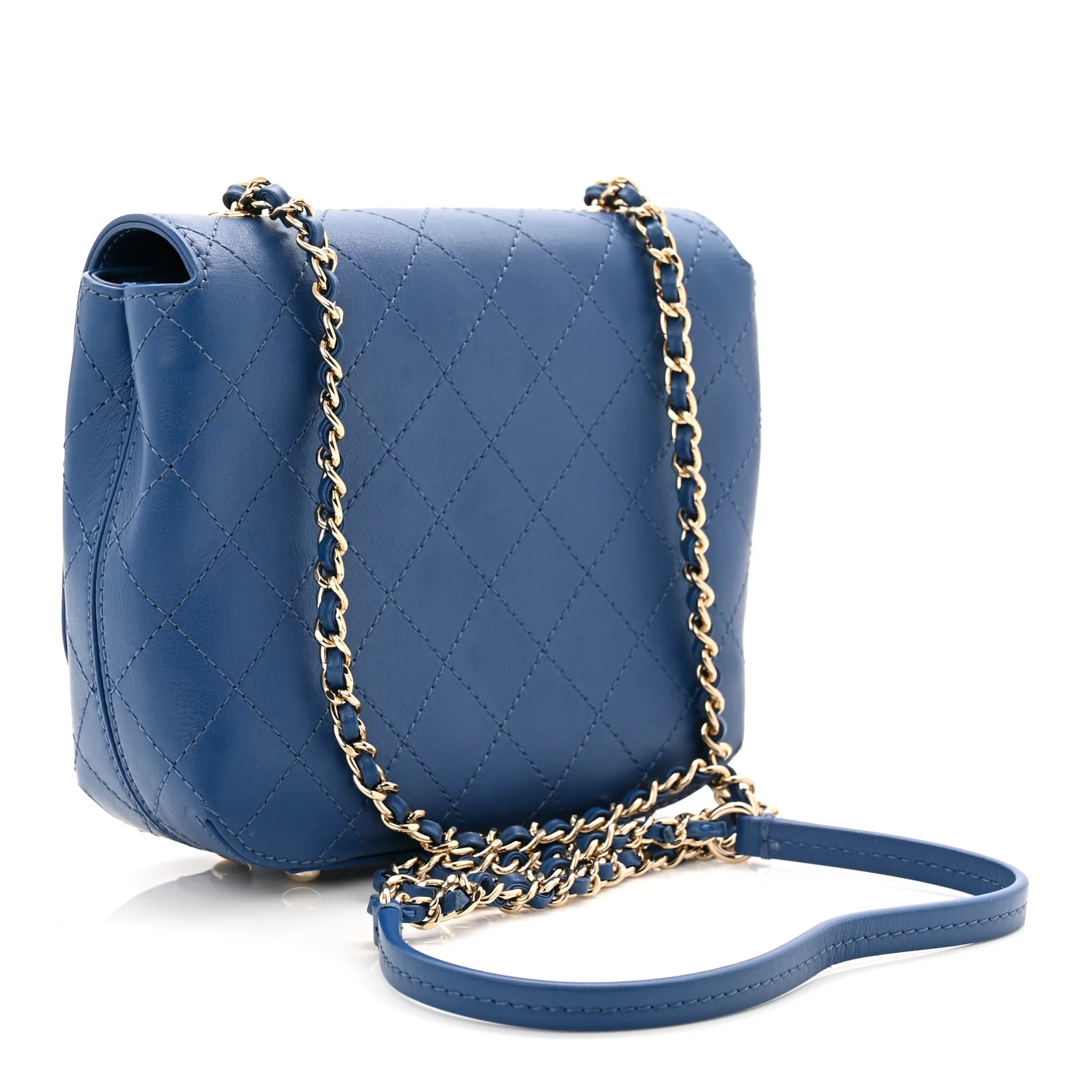 Calfskin Stitched Small Covered CC Flap Bag Blue - Image 3